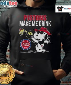 Nice Snoopy and Woodstock Detroit Pistons 'Make Me Drink' hoodie featuring vibrant graphics and cozy design.
