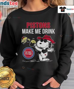 Alt Text: Snoopy and Woodstock on a Detroit Pistons sweatshirt, featuring a playful 'Make Me Drink' design.