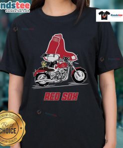 Snoopy and Woodstock riding a motorbike in a Boston Red Sox ladies tee, showcasing fun and team spirit.