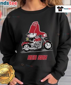 Alt Text: Snoopy and Woodstock riding a motorbike on a Boston Red Sox sweatshirt, showcasing vibrant colors and playful design.