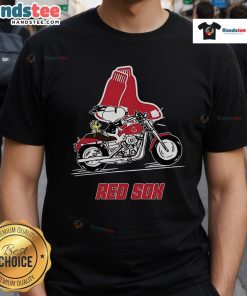 Alt Text: Cute Snoopy and Woodstock driving a motorbike on a Boston Red Sox T-shirt, perfect for fans and collectors.