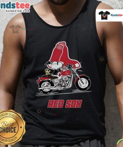 Alt Text: Snoopy and Woodstock riding a motorbike in a Boston Red Sox tank top, showcasing their playful adventure.