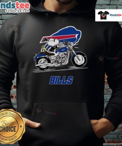 Alt Text: Snoopy and Woodstock riding a motorbike in a Buffalo Bills hoodie, showcasing a fun and sporty design.