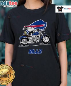 Nice Snoopy and Woodstock driving motorbike on Buffalo Bills ladies tee, perfect for fans of Peanuts and vintage style.