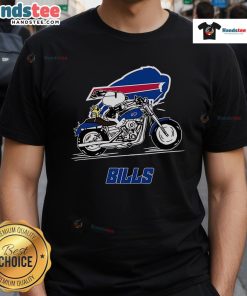 Nice Snoopy and Woodstock driving motorbike on Buffalo Bills T-Shirt, perfect for fans of Peanuts and NFL apparel.
