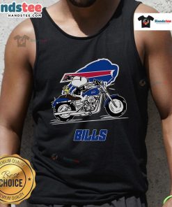 Snoopy and Woodstock joyfully riding a motorbike in Buffalo Bills tank top, perfect for fans of classic cartoons.