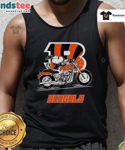Snoopy and Woodstock riding a motorbike in a Cincinnati Bengals tank top, showcasing fun character apparel.