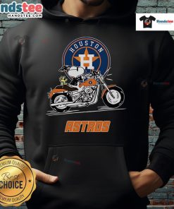 Snoopy and Woodstock driving a motorbike in a Houston Astros hoodie, showcasing playful cartoon style.