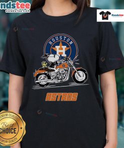 Snoopy and Woodstock driving a motorbike on a Houston Astros ladies tee, perfect for fans and stylish comfort.