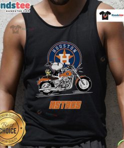 Snoopy and Woodstock riding a motorbike in a Houston Astros tank top, showcasing a fun and playful design.