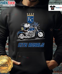Snoopy and Woodstock riding a motorbike in a Kansas City Royals hoodie, showcasing a fun, vibrant design.