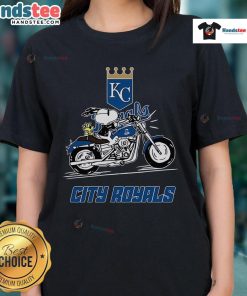Cute Snoopy and Woodstock riding a motorbike on a Kansas City Royals ladies tee design.