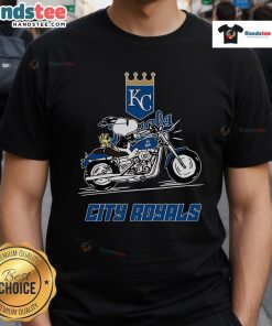 Alt Text: Snoopy and Woodstock riding a motorbike on a Kansas City Royals T-shirt design, perfect for fans and collectors.