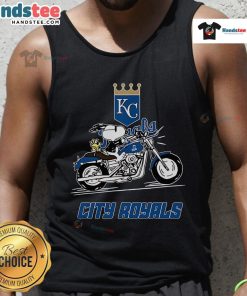 Snoopy and Woodstock ride a motorbike wearing Kansas City Royals tank tops, showcasing a fun summer vibe.