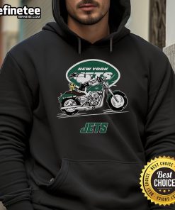 Snoopy and Woodstock driving a motorbike in a New York Jets hoodie, showcasing fun cartoon character apparel.