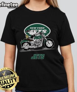 Snoopy and Woodstock riding a motorbike on a New York Jets ladies tee, perfect for fans of Peanuts and NFL.