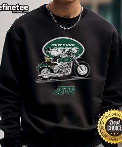 Snoopy and Woodstock driving a motorbike, wearing a New York Jets sweatshirt, perfect for fans of Peanuts.