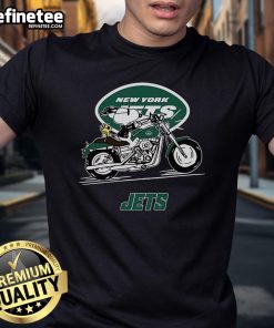 Alt Text: Snoopy and Woodstock ride a motorbike in a fun New York Jets t-shirt, perfect for fans of the team and Peanuts characters.