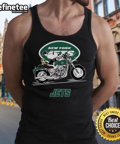 Snoopy and Woodstock riding a motorbike in a New York Jets tank top, showcasing a fun and playful vibe.