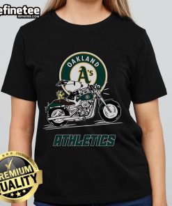 Cute Snoopy and Woodstock riding a motorbike on an Oakland Athletics ladies tee.