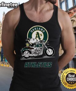 Alt Text: Snoopy and Woodstock riding a motorbike while wearing an Oakland Athletics tank top, showcasing playful adventure.
