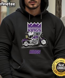 Alt Text: Snoopy and Woodstock on a motorbike wearing a Sacramento Kings hoodie, showcasing playful cartoon style.