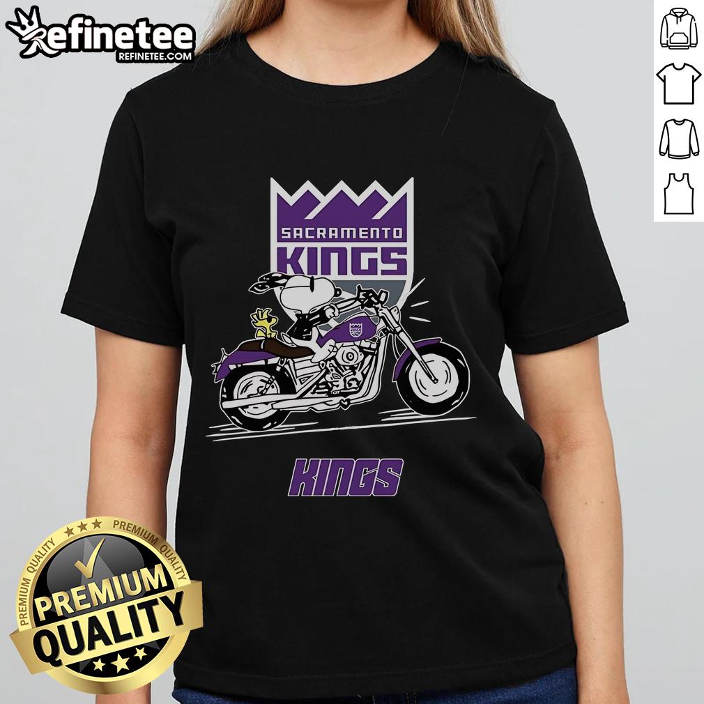 Nice Snoopy And Woodstock Driving Motorbike Sacramento Kings Ladies Tee Snoopy and Woodstock riding a motorbike on a Sacramento Kings ladies tee, showcasing playful team spirit.