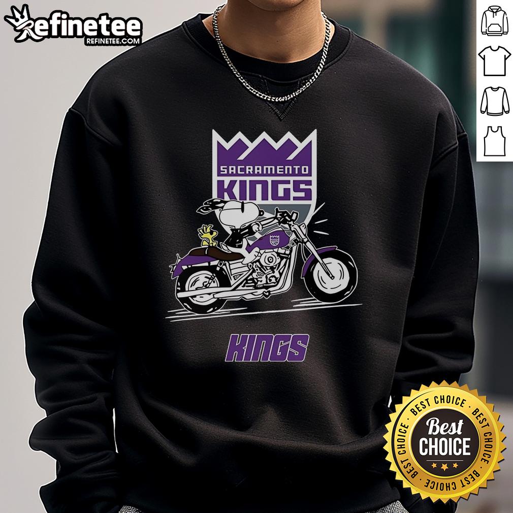 Nice Snoopy And Woodstock Driving Motorbike Sacramento Kings Sweatshirt Snoopy and Woodstock riding a motorbike in a Sacramento Kings sweatshirt, showcasing a fun and stylish design.