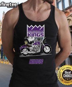 Snoopy and Woodstock joyfully riding a motorbike in a Sacramento Kings tank top, perfect for fans and summer fun.