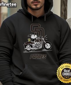 Snoopy and Woodstock driving a motorbike in a San Diego Padres hoodie, showcasing a fun and playful design.