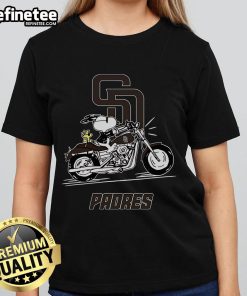 Nice Snoopy and Woodstock driving a motorbike on a San Diego Padres ladies tee, perfect for fans and casual wear.