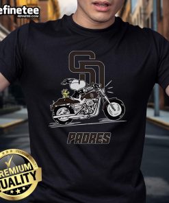 Alt Text: Snoopy and Woodstock riding a motorbike on a San Diego Padres T-shirt, showcasing a fun and vibrant design.