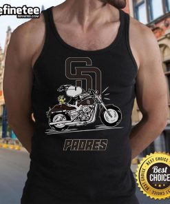 Snoopy and Woodstock riding a motorbike in a San Diego Padres tank top, showcasing playful friendship and team spirit.