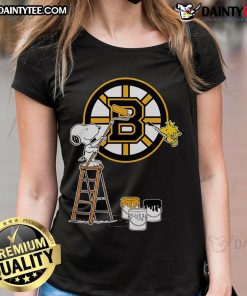 Colorful Snoopy and Woodstock painting with Boston Bruins logo on a ladies tee, perfect for hockey fans.
