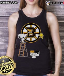 Alt Text: Snoopy and Woodstock painting featuring Boston Bruins logo on a stylish tank top for fans.
