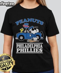 Alt Text: Ladies tee featuring Snoopy and Woodstock in Philadelphia Phillies gear, perfect for Peanuts fans and Joe Cool style.