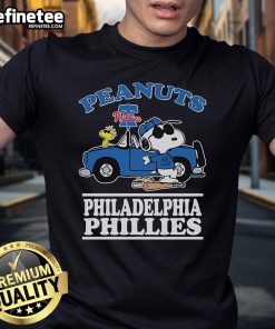 Alt Text: Nice Snoopy and Woodstock Peanuts Joe Cool T-Shirt featuring Philadelphia Phillies logo, perfect for fans.
