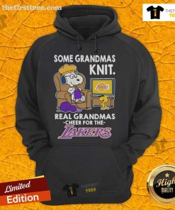 Alt Text: Snoopy and Woodstock wearing a Lakers hoodie, showcasing a fun grandma-inspired design for Peanuts fans.