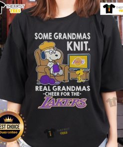 Nice Snoopy and Woodstock Peanuts tee for grandmas, supporting Los Angeles Lakers, perfect for ladies' casual wear.