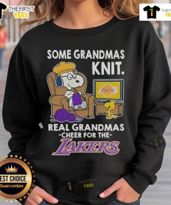 Alt Text: Snoopy and Woodstock in a cheerful design on a Los Angeles Lakers sweatshirt, perfect for grandmas.