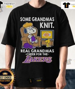 Alt Text: Cute Snoopy and Woodstock on a Los Angeles Lakers T-Shirt for grandmas who knit, celebrating real grandmas.