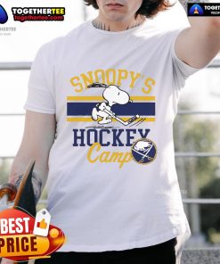 Alt Text: Nice Snoopy Buffalo Sabres Snoopy's Camp T-Shirt featuring Snoopy in team colors, perfect for Sabres fans.