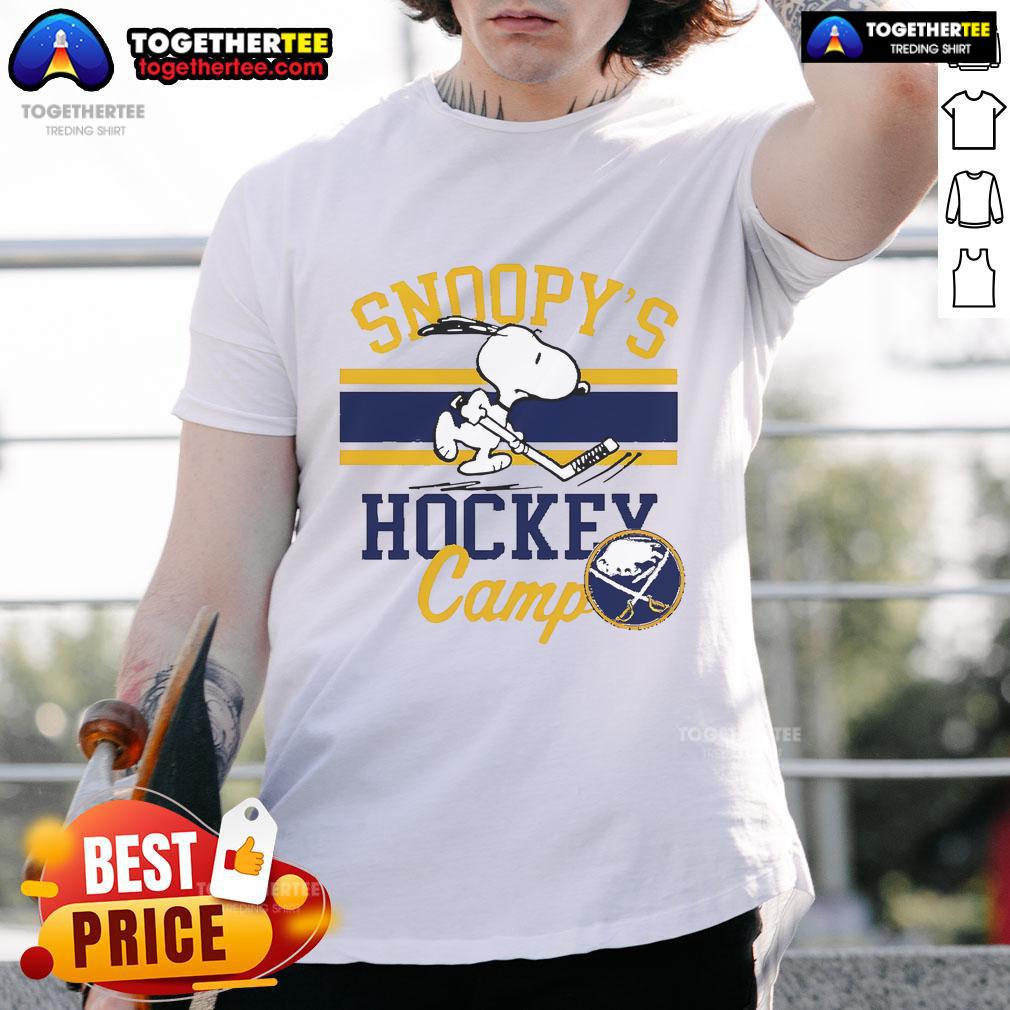 Nice Snoopy Buffalo Sabres Snoopy'S Camp T Shirt Alt Text: Nice Snoopy Buffalo Sabres Snoopy's Camp T-Shirt featuring Snoopy in team colors, perfect for Sabres fans.
