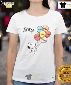 Nice Snoopy Let It Go graphic tee for ladies, featuring themes of anger, fear, envy, and regret in vibrant colors.