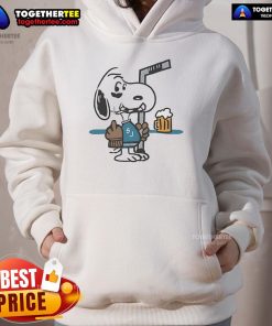 Alt Text: Snoopy player hoodie featuring San Jose Sharks logo, with Snoopy smoking and showing the middle finger in a bold design.