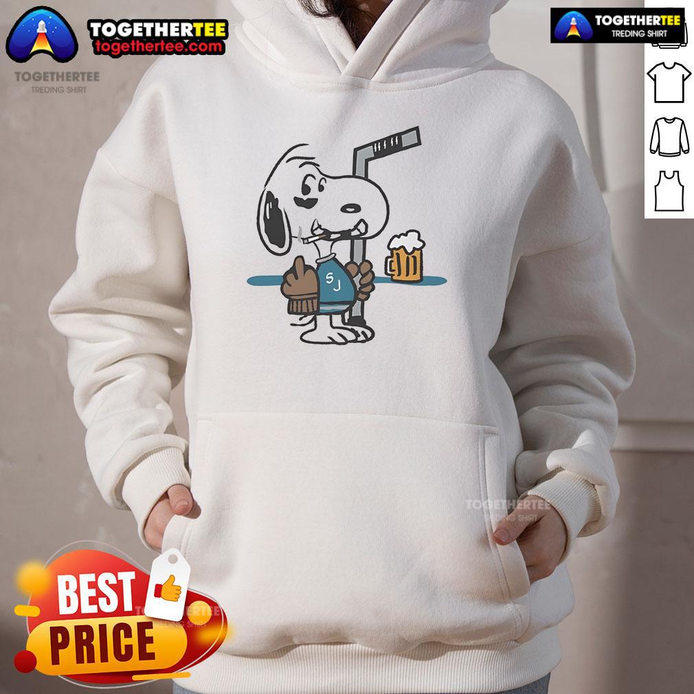 Nice Snoopy Player San Jose Sharks Hockey Smoking Middle Finger Hoodie Alt Text: Snoopy player hoodie featuring San Jose Sharks logo, with Snoopy smoking and showing the middle finger in a bold design.