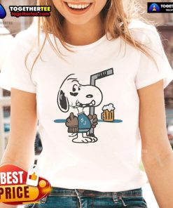 Alt Text: Snoopy player graphic on a San Jose Sharks hockey ladies tee, humorously showing a middle finger, perfect for fans.