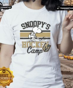 Alt Text: Ladies tee featuring Snoopy and Vegas Golden Knights for Snoopys Hockey Camp, perfect for NHL fans.