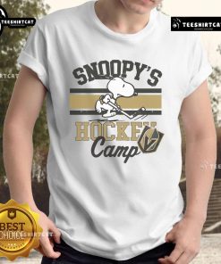 Alt Text: Snoopy in Vegas Golden Knights hockey gear on a Camp Snoopy NHL shirt featuring all teams.