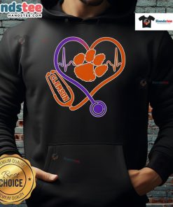 Stylish Clemson Tigers hoodie featuring a stethoscope and heart design, perfect for healthcare fans and college spirit.